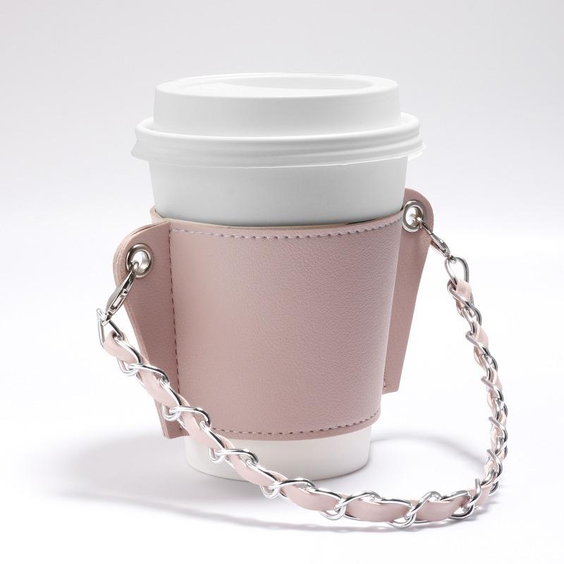 Coffee Cup Cover Chain Portable Pu Leather Drink Soda Bag Hanging Portable Heat Insulation and Ironing Cup-Cover