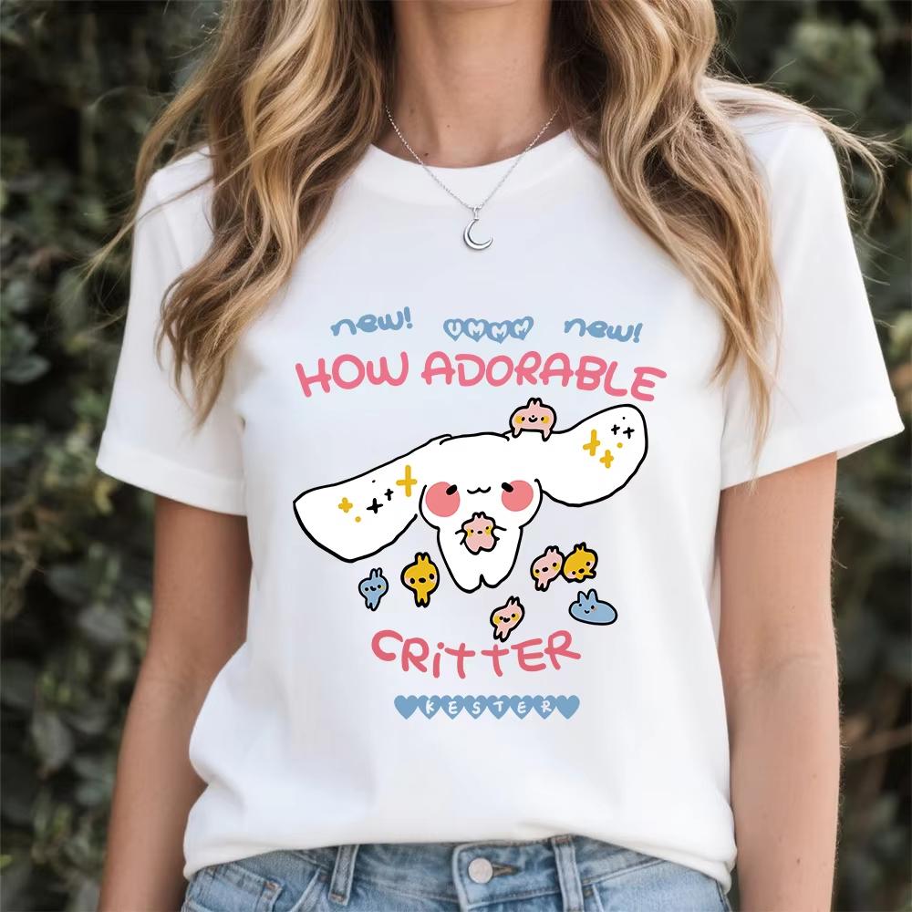 

2026 Summer Womens Cute Cinnamoroll Adorable Critter Buddies Print Cotton T Shirt Casual Soft Comfortable Summer Top S