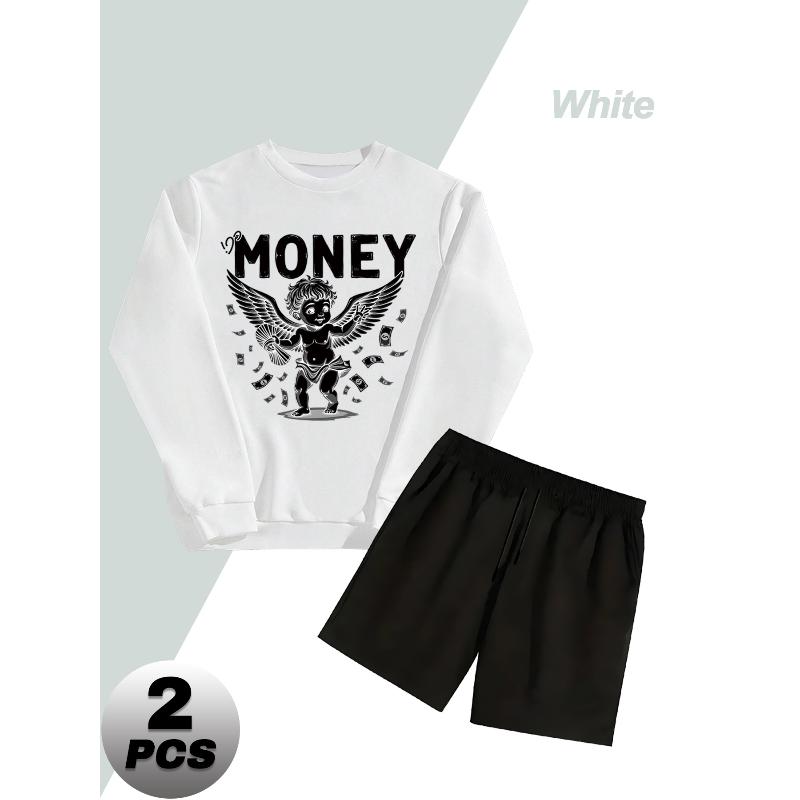 

Men s 2 Piece Casual Outfit Crew Neck Pullover Sweatshirt and Drawstring Shorts Versatile M білий