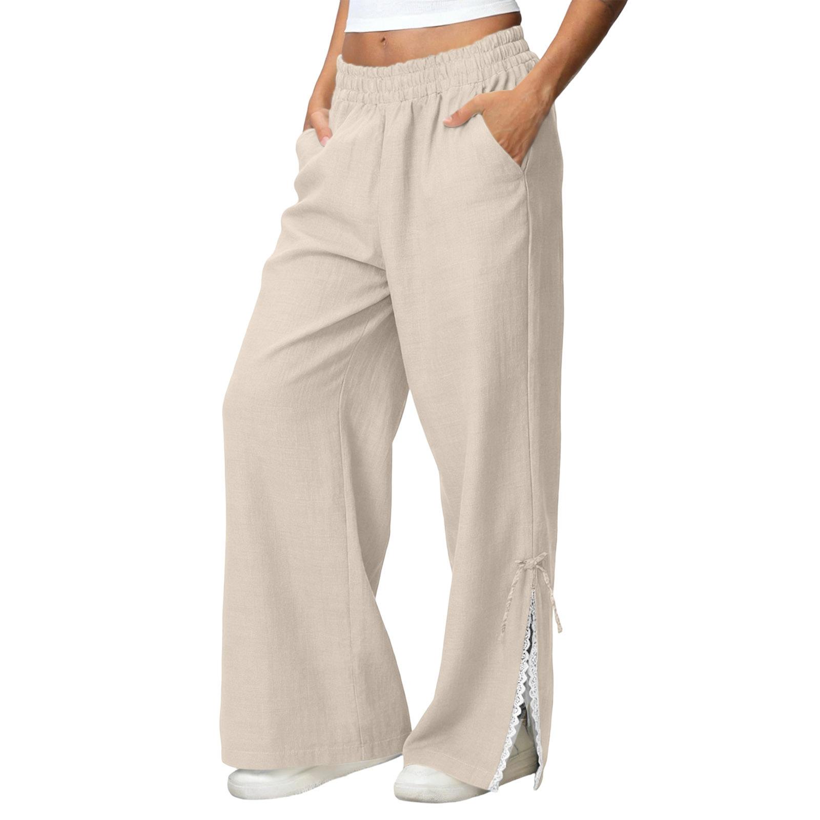 

Women Loose Fit Wide Leg Pants with Elastic Waistband and Side Split Casual Trousers with Pockets for Daily Wear L бежевый