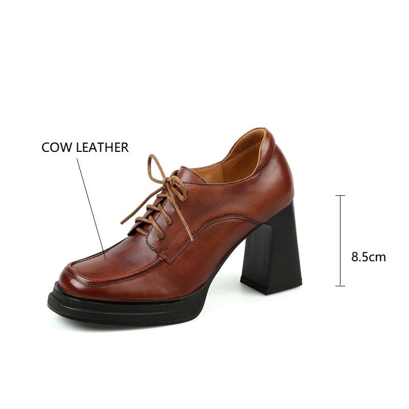 Fashion 2025 New Spring/Autumn Square Toe Chunky Heel Genuine Leather Women Pumps Lace Loafers Shoes for Women Ladies Shoes High Heels