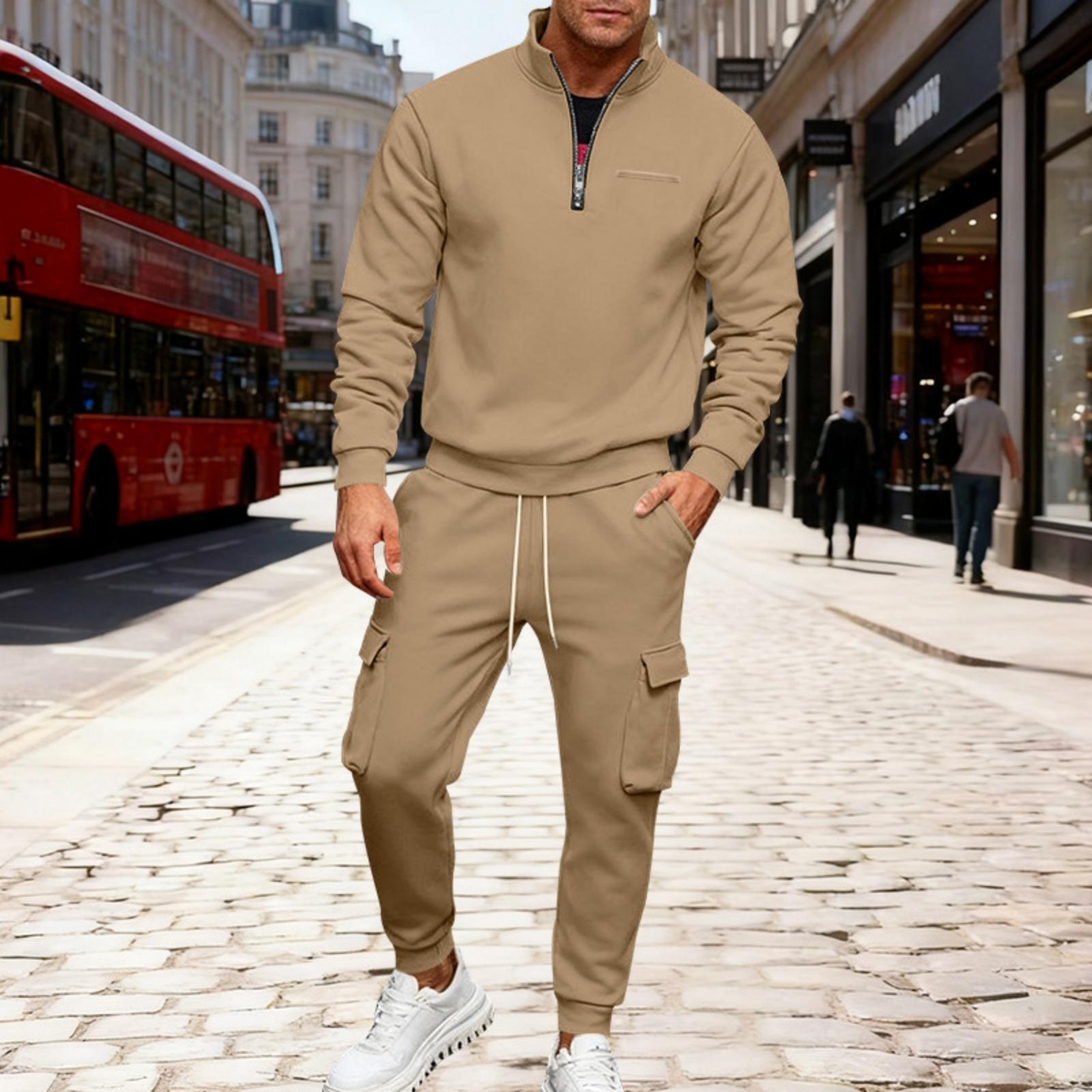 

Мужской зимний флисовый свитшот на молнии с несколькими карманами, комплект из 2 предметов, персонализированные спортивные штаны M верблюд