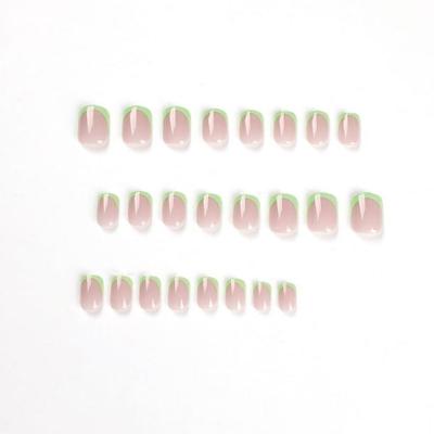 24PCS Press On Fake Nails Short Coffin False Nails French Green Edge And Fresh Square Nail 10ml