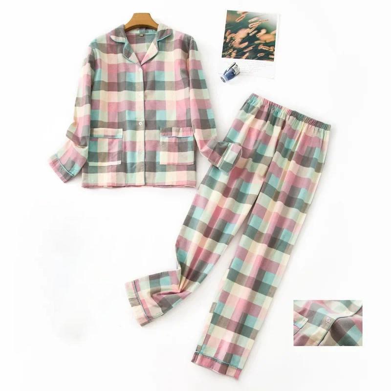 

Women s Pajamas Ladies Flannel Cotton Home Wear Suit Autumn Winter Pajamas Plaid Print Sleep Tops L рожевий зелений колір
