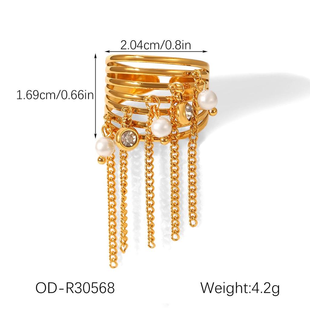 Stainless Steel Tassel Ring with Pearls & Zircon Multi-Layer Hollow Design
