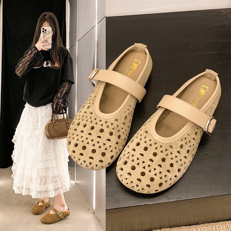 

Soft bottom breathable hollow hole shoes fairy style with skirt round head flat bottom one word buckle belt Mary Jane slippers 40