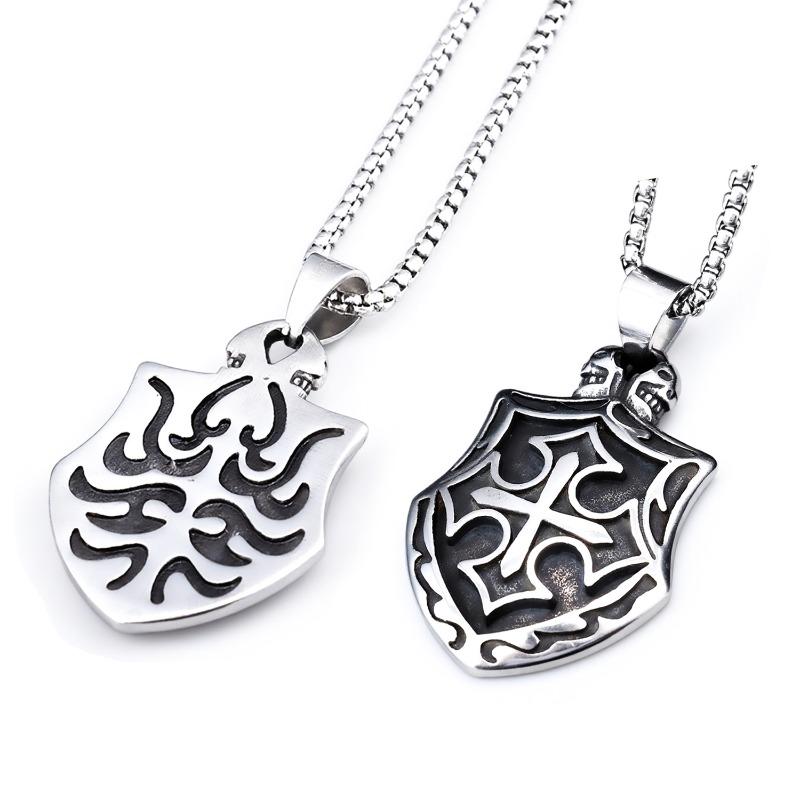 Stainless Steel Men's Cross Shield Retro Totem Gothic Punk Necklace