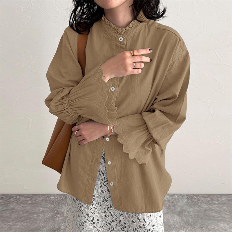 ZANZEA Women Casual Round Neck Loose Crochet Splice Long Sleeve Blouse