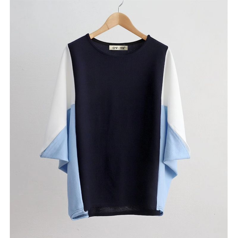 

Women s Fashion round Neck Patchwork Casual Batwing Sleeve T-shirt Blue 3XL