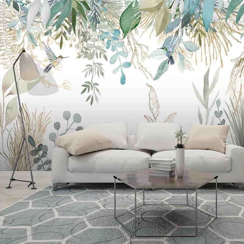 Modern Photo Wallpaper Hand-Painted Tropical Plant Leaves Flowers And Birds Murals Living Room Bedroom Wall Mural