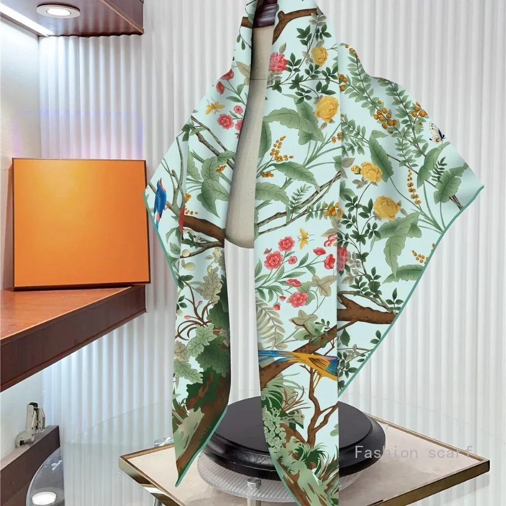 90*90Cm Silk Square Scarf Hijab Women Bandana Soft Scarves Neckerchief Ladies Hair Shawl Wrap Headbandfrench Bird