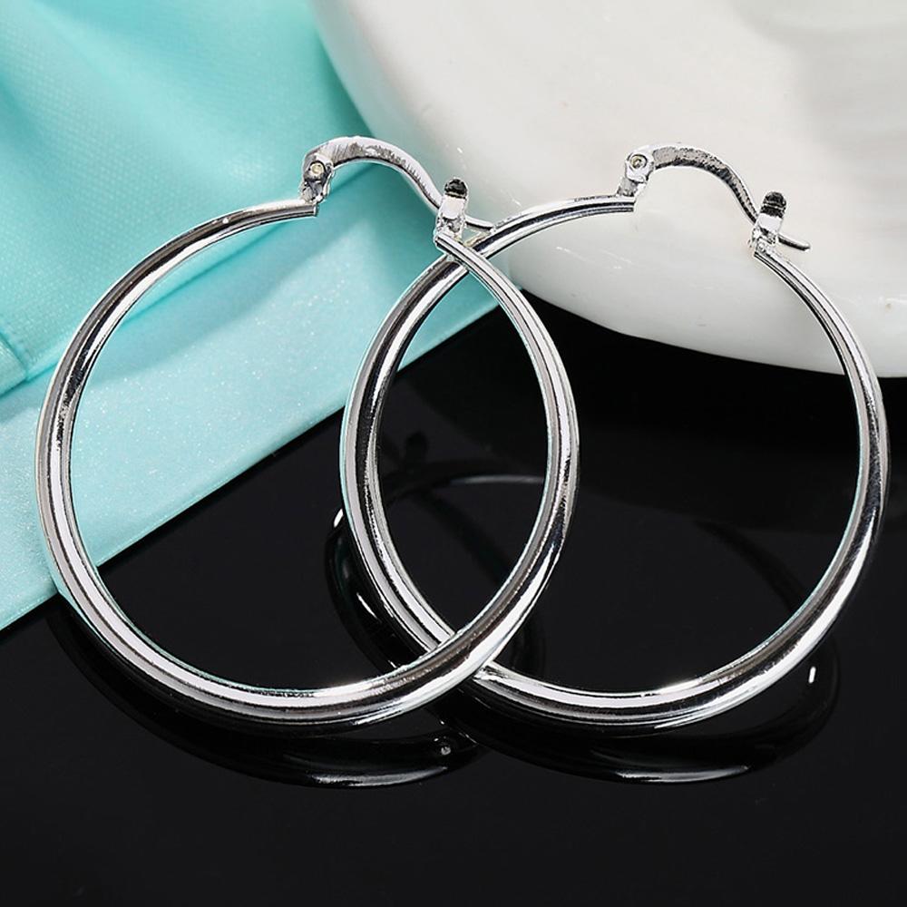 

925 Silver 40mm Smooth Round Hoop Earrings For Women Elegant Luxury Jewelry Wedding Party Accessories білий