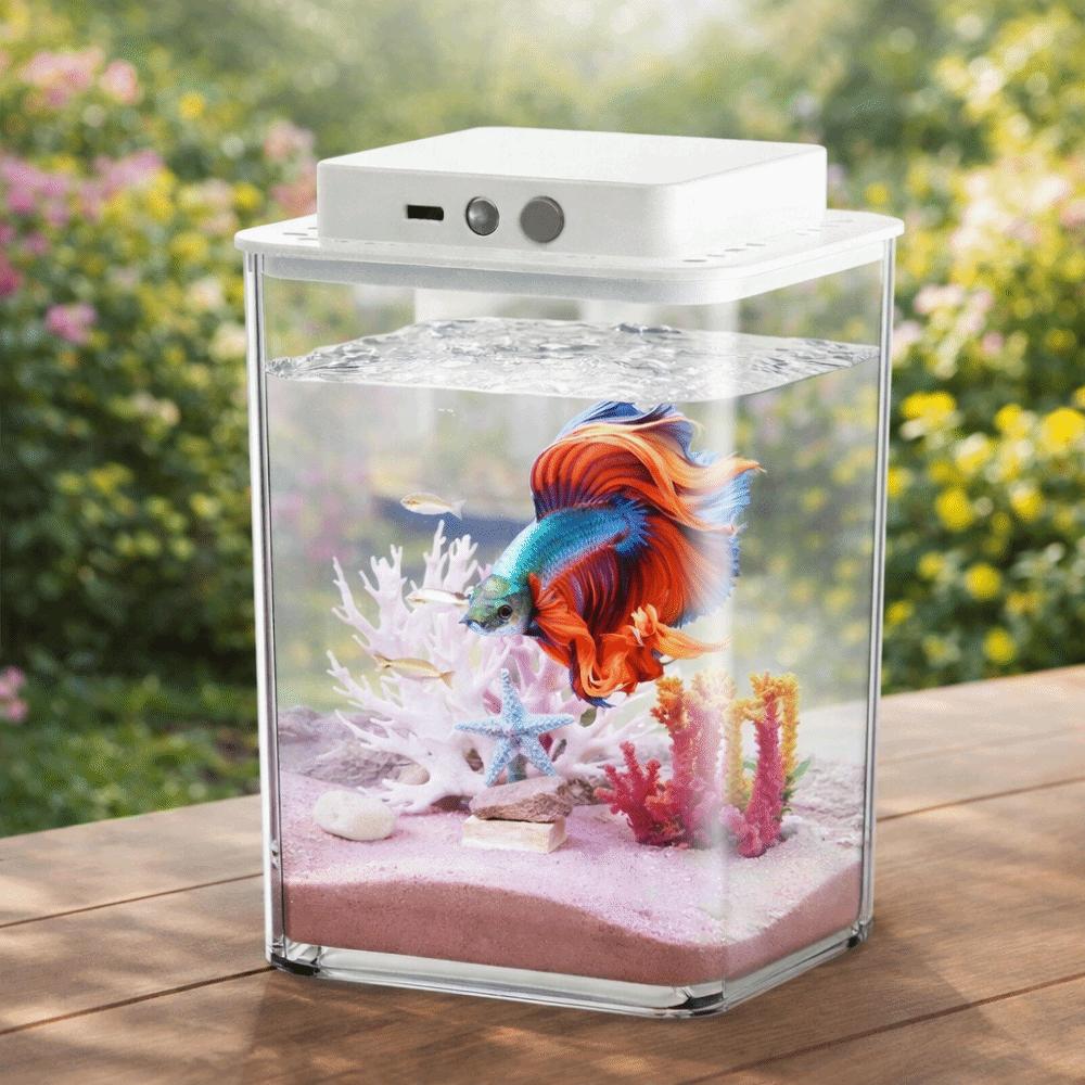 Transparent Betta Fish Tank USB Charging Intelligent Sensing Desktop Fish Bowl LED Light Plastic Figure Display Case Aquarium