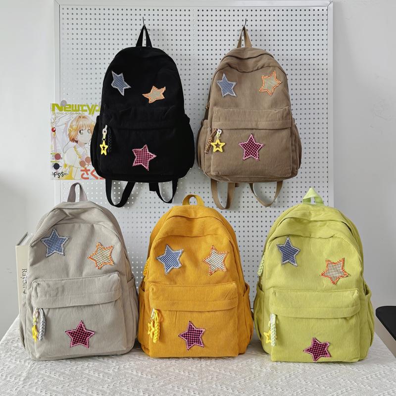 Schoolbag New Corduroy Star Patch Backpack Women's Large Capacity Casual Bag Women's Soft Sister Cute Middle School School Bag