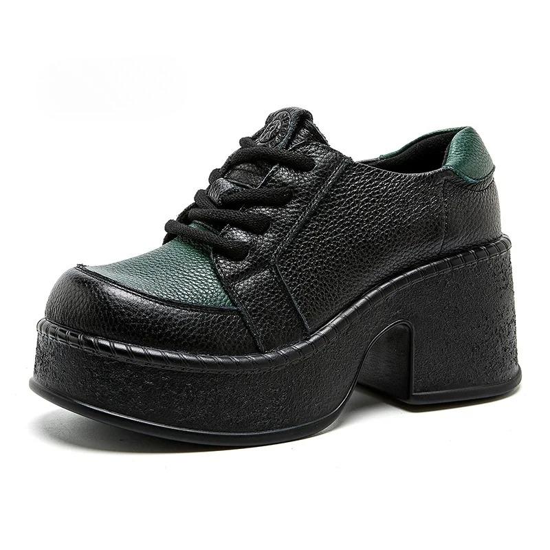 Fashion New Retro 7cm High Heels Women Shoes Flat Platform Thick Heels Shoes Mixed Colors Genuine Leather 2025 Luxury Lace Up Shoes
