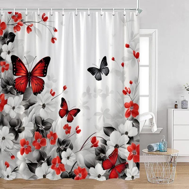 

Floral Blue Butterfly Shower Curtain Purple Flowers Butterflies Plant Polyester Fabric Bathroom Decor Bath Curtains with Hooks 90x180cm-35x70in