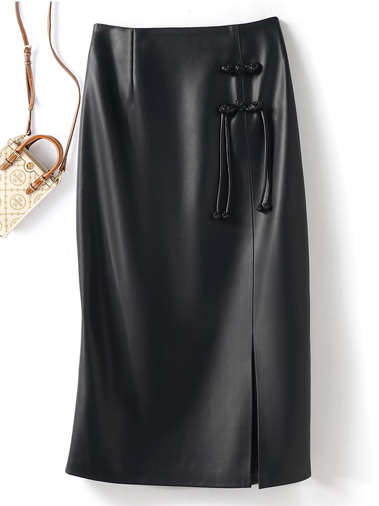 Women's Retro High-Waist Leather Pencil Skirt with Frog Buttons