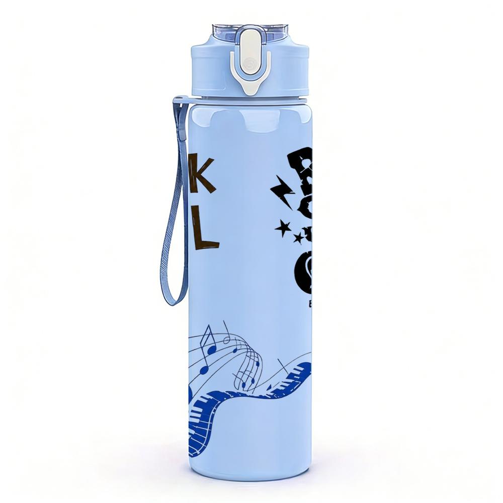 1PC Rock Rock Star Musical Note Text 750ml Color Plastic Water Bottle Leakproof Flip Straw Lid For Sports Office Home Use