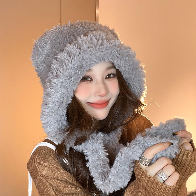 Sweet and Cute Little Bear Ears Fluffy Hat for Women Travel Warm Big Head Ear Protection Hat for Head Hat Trendy