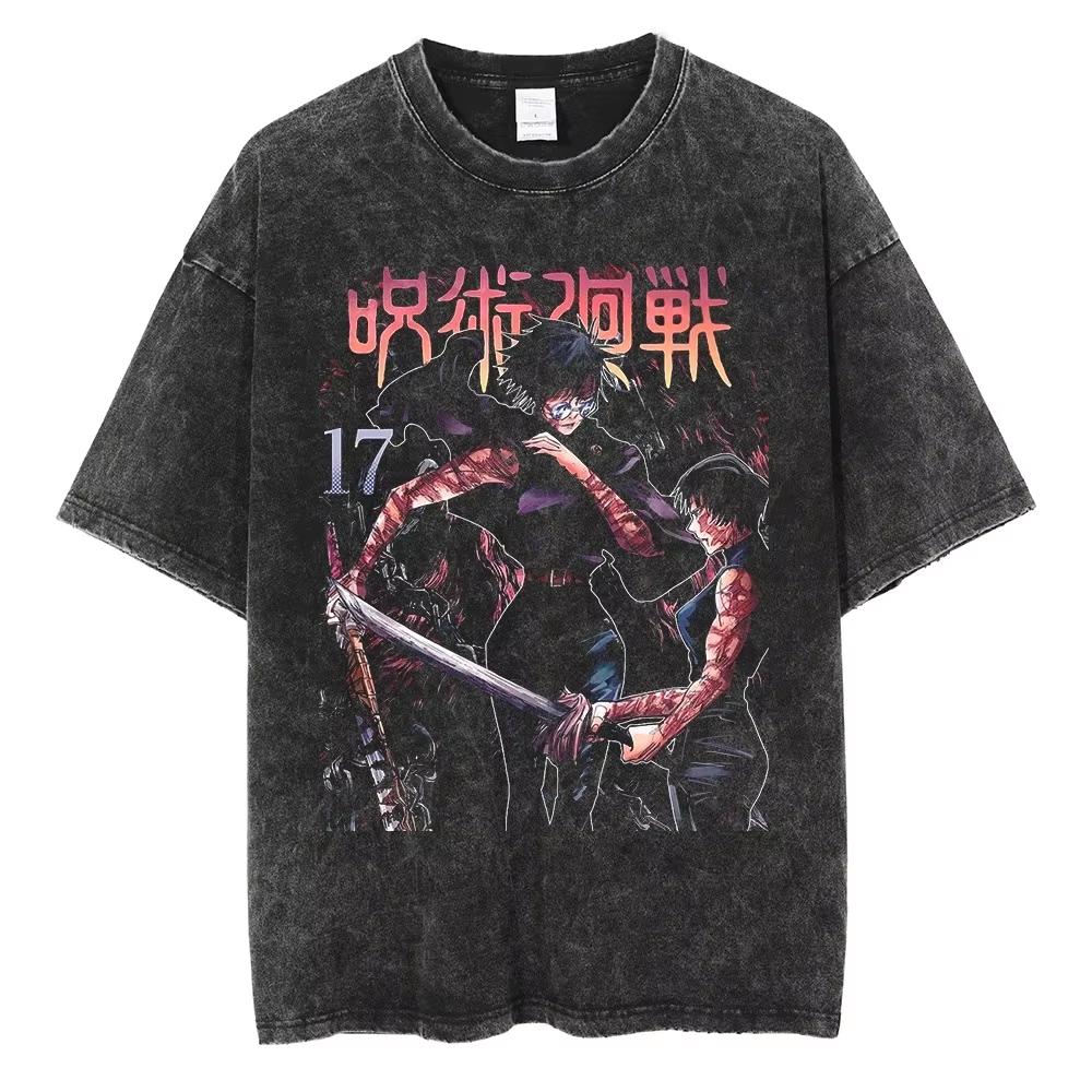 2026 New Arrival Jujutsu Kaisen Character Printed T-shirt, Unisex Washed Vintage Top, Premium Retro Cotton Harajuku Casual Tee