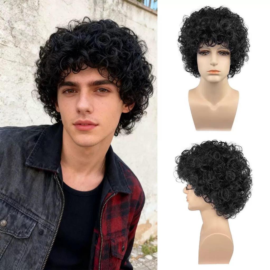 Black Short Curly Hair Perm Wig, Men's Small Roll African Style Wig, Suitable for Daily Wear and Role-playing