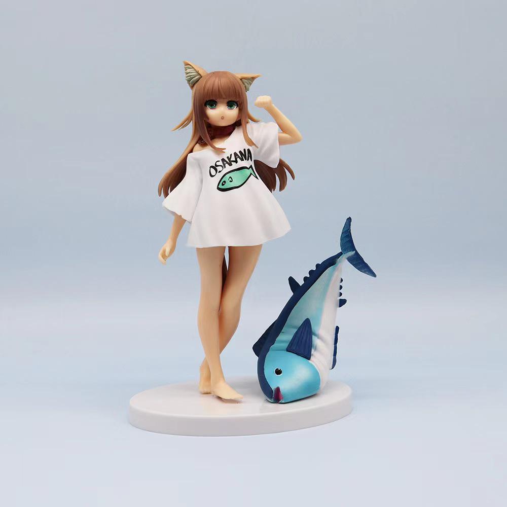 Soybean Catgirl Figurine: Cute Sitting Pose Eating Fish Ornament