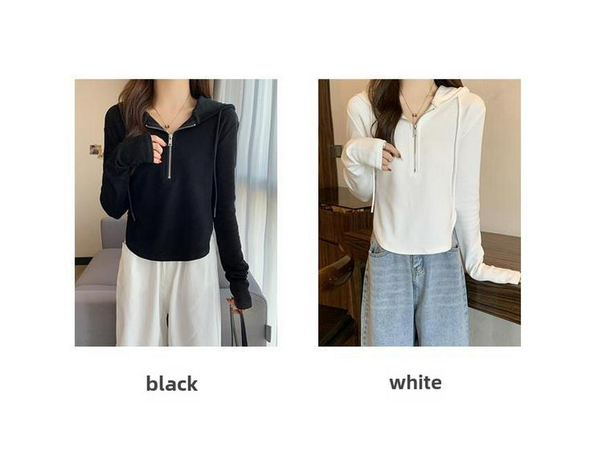 Beige Wool Hooded Sweater: Women's Spring & Autumn 2025 Half-Zip Long-Sleeve Top