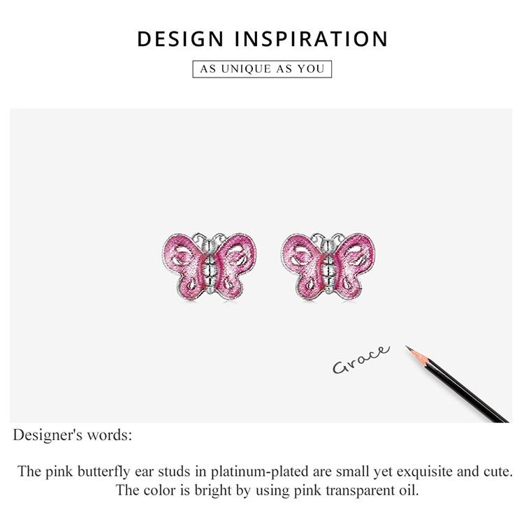 BAMOER Authentic 925 Sterling Silver Pink Butterfly Ear Studs Plated Plarinum Piercing Stud Earrings for Women Fine Jewelry Gift