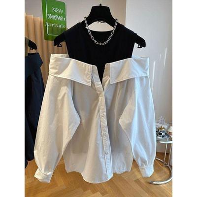 Camicette a spalle scoperte da donna, canotta attillata e ampia, camicie a maniche lunghe con giunture, scollo rotondo autunnale, camicie alla moda da donna