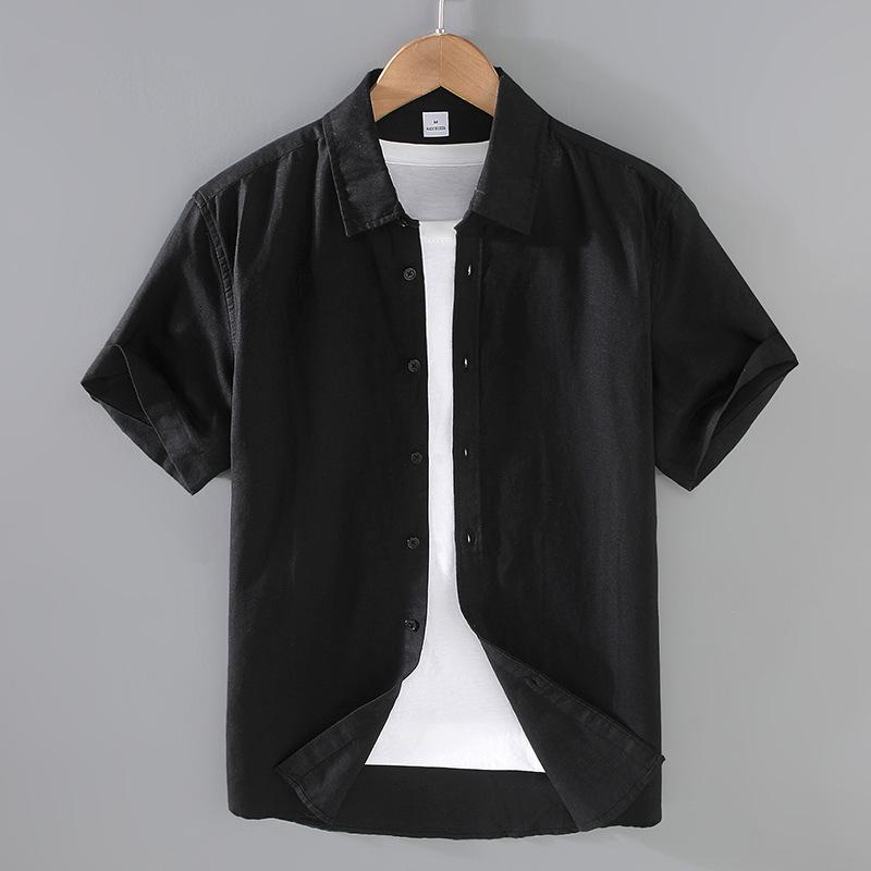 Men's Light Blue Linen Cotton Short Sleeve Shirt Casual Button Down Top