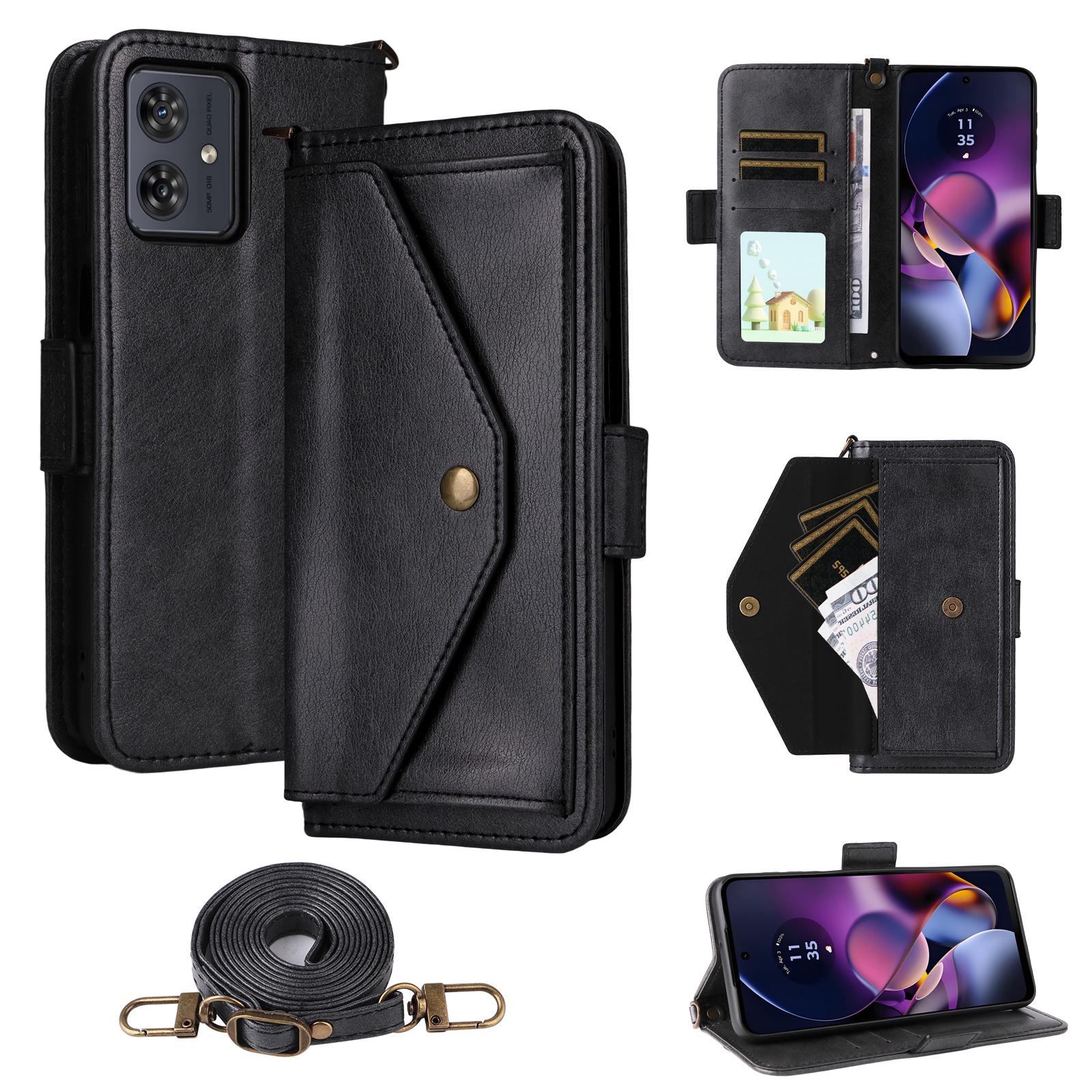 

For Motorola Moto G64 5G/G54 5G Leather Case Magnetic Closure Wallet Stand Phone Cover with Crossbody Strap Black