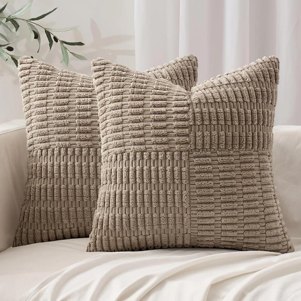 Brown Throw Pillow Covers 18x18 Inch Soft Corduroy Pillow Cover Boho Textured Striped Patchwork Cushion Case for Couch Sofa
