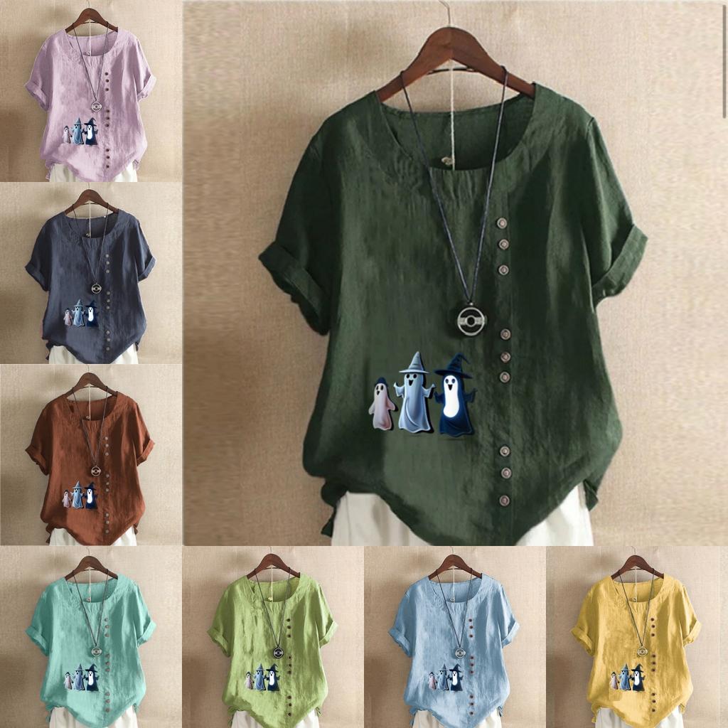 Damen Fashion Ghosts Print Kurzarm-T-Shirt Lockeres Baumwollhemd Lässige lockere Sommerbluse Tops Übergröße