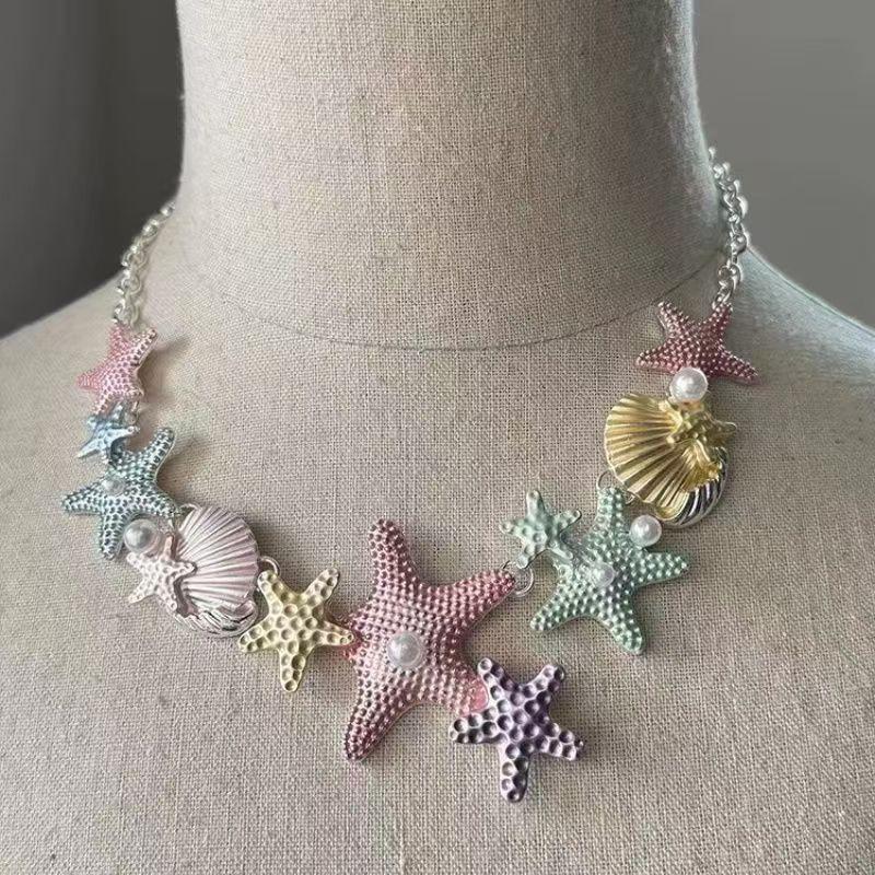 Colorful Starfish Shell Necklace for Women, Versatile Clavicle Necklace Accessories for Summer Beach Travel Photos