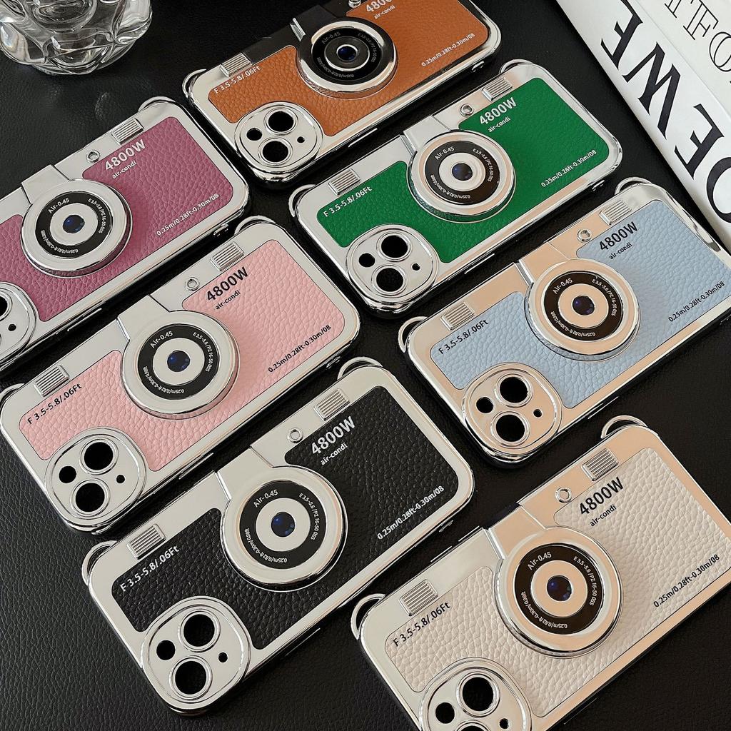 Retro electroplated camera for iPhone16Pro max mobile phone case Apple 15 new 14/13 leather pattern portable