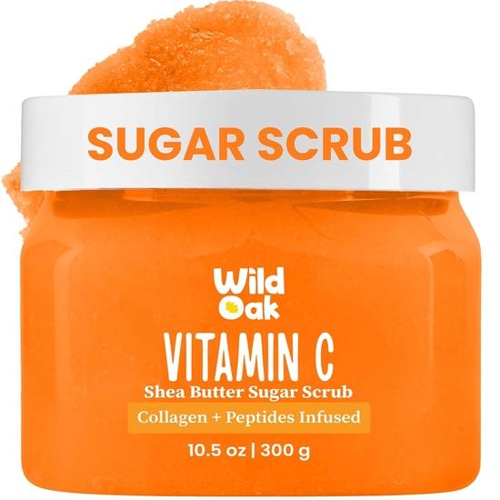 WildOak Vitamin C Sugar Body Scrub | 300g | Kojic Acid, Hyaluronic Acid, Ceramides, Collagen & Peptides | De-Tan & Brightens Dark Areas