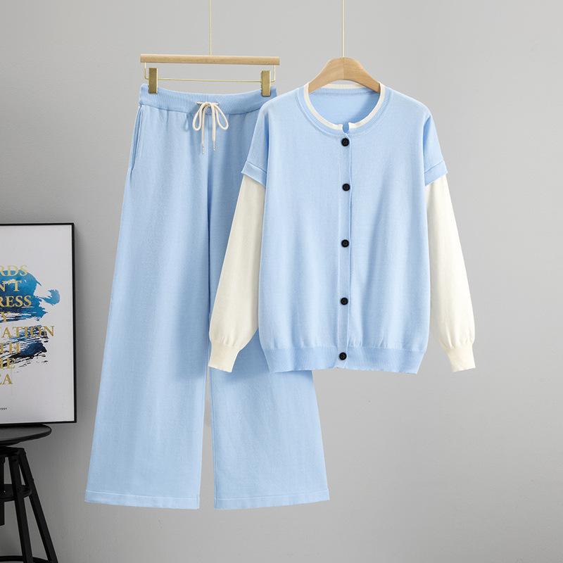 

Корейский повседневный вязаный костюм-двойка, женский осенне-зимний новый кардиган высокого класса, брюки клеш, комплект из двух предметов One Size небесно-голубой