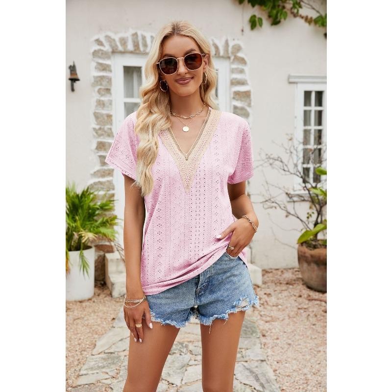 

GMXIA Жіночі модні повсякденні одноколірні блузки та сорочки з коротким рукавом і V-подібним вирізом XXL рожевий