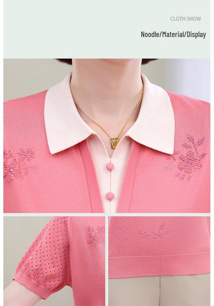 Stylish Ice Silk Knit Lapel Top for Middle-Aged & Elderly Women - Short-Sleeve Summer T-Shirt