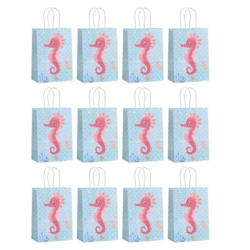 12pcs Mermaids Print Paper Gift Packaging Bag Ocean Themed Party Favors Bags with Handle Holiday Celebration Supplies