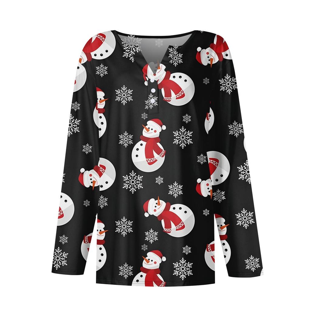 Damen T-Shirt mit Weihnachtsdruck, Knopfleiste, lange Ärmel, für den Alltag, Wochenende, modisch, Basic, V-Ausschnitt, normales Oberteil