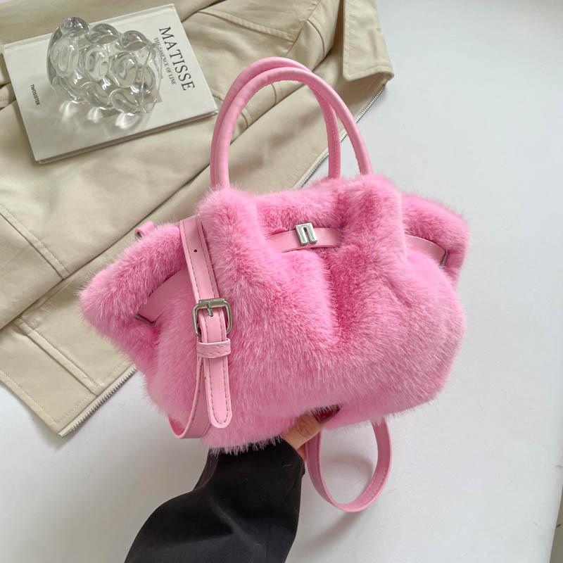Chic Plush Women's Tote Bag, Imitati Mink Fur Women Handbag, Vegetable Basket Bag, Pleated Bag, Stylish Shoulder Crossbody Bag