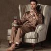 Pijamale luxoase din satin pentru bărbați, toamnă, imprimeu retro, mânecă lungă, cu nasturi, topuri și pantaloni, pijamale de noapte, set de casă pentru bărbat