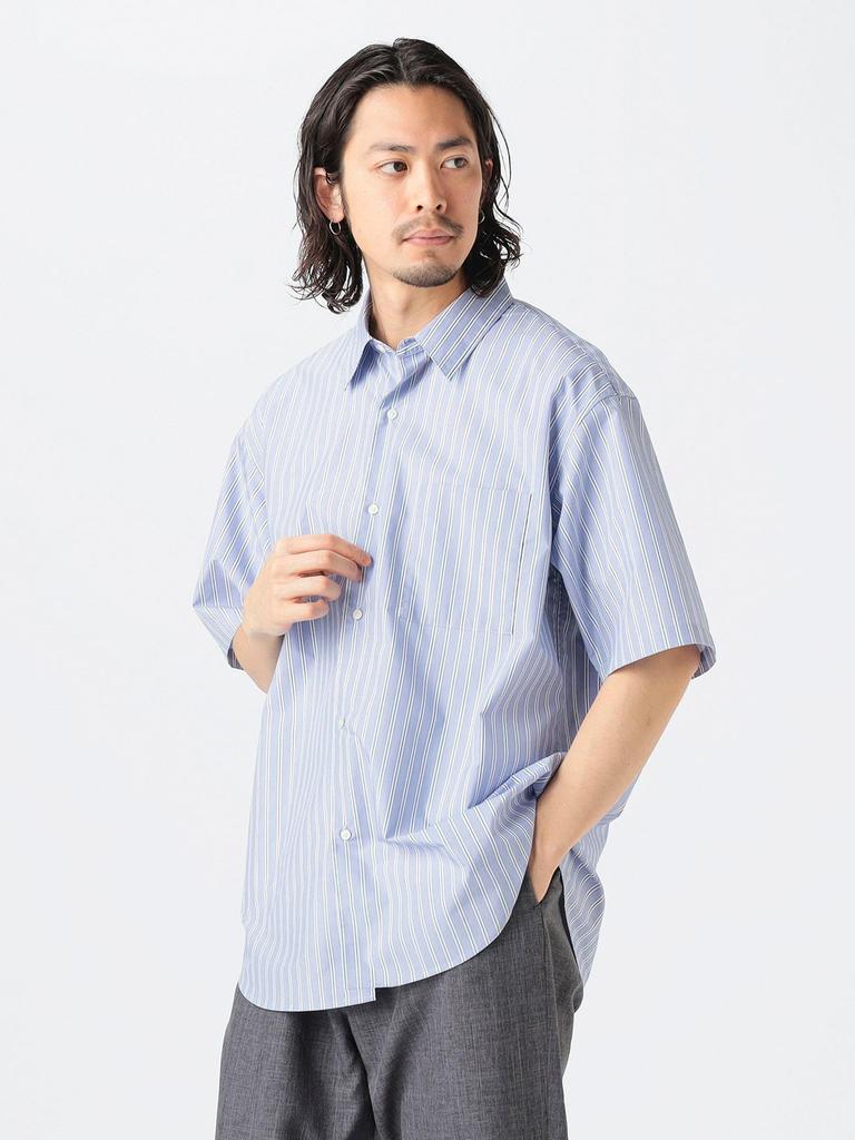 B:MING LIFE STORE by BEAMS Men's Short Sleeve Shirt, Polyester Broadcloth, Size M, BLUE_STRIPE