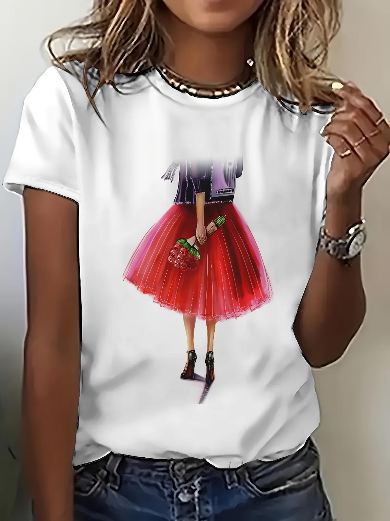 

Women s White 3D All-Over Print T-Shirt - Street Style Red Skirt ; Black Heels with Roses Design. Round Neck Short Sleeve Casual Top for Casual Attire M дубильная кора