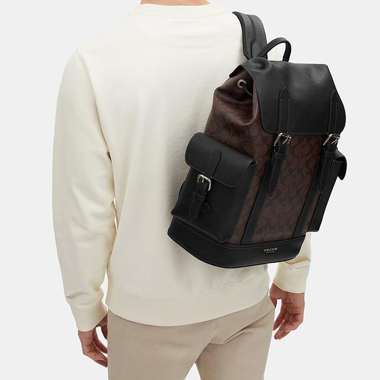 Coach Hudson 30 Large Capacity Flap Drawstring Closure Coated Canvas And Leather Backpack Men Backpack Brown Black CB839-QBMAH
