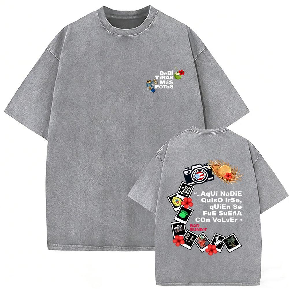 Vintage Acid Washed Rapper Bad Bunny Tshirt Debi Tirar Mas Fotos DTMF Tshirts Men Women Hip Hop Retro Short Sleeves T Shirts