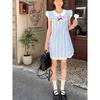 The college style is small, fresh, unique and beautiful in summer, and the temperament is beautiful. Princess short skirt, doll collar plaid dress.