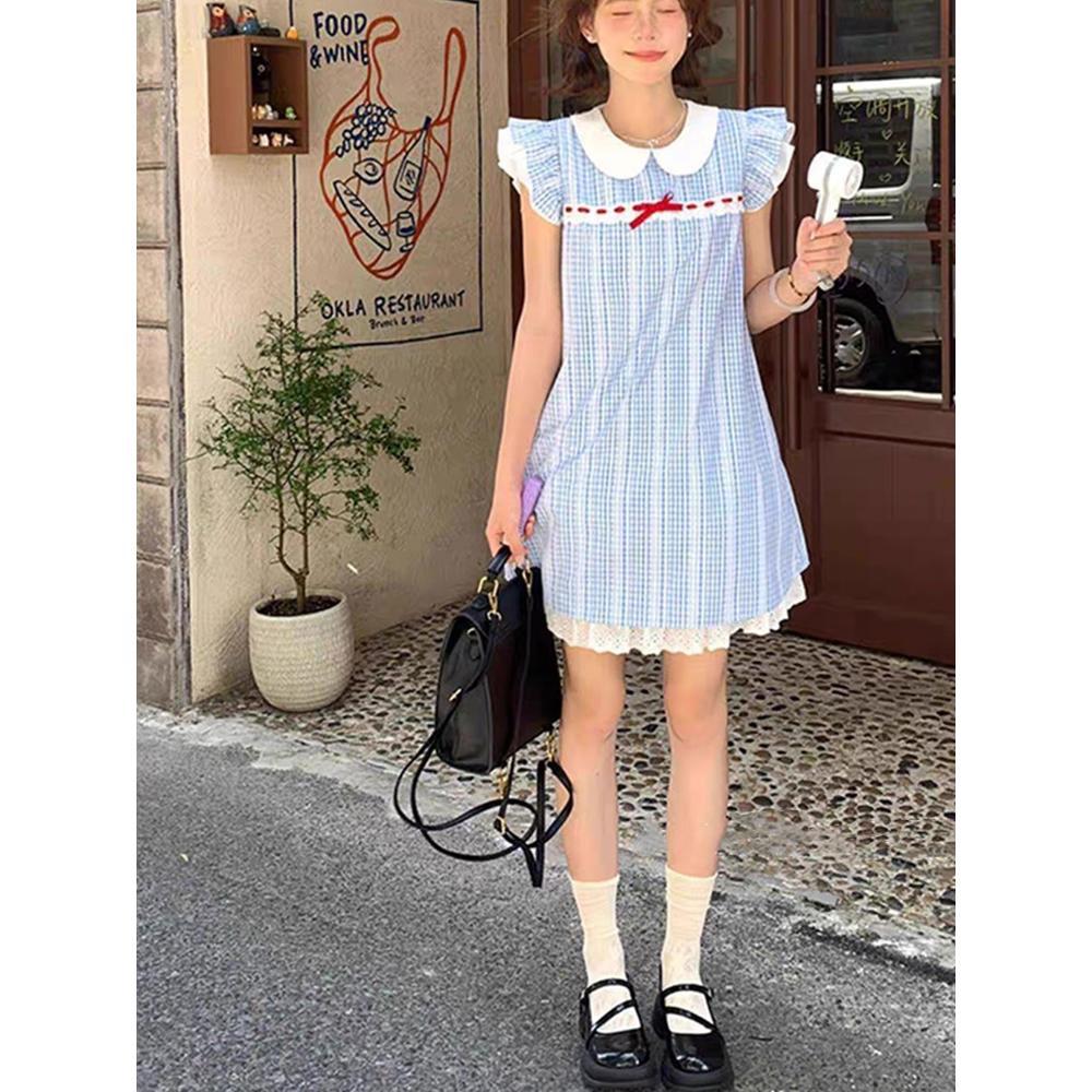 The college style is small, fresh, unique and beautiful in summer, and the temperament is beautiful. Princess short skirt, doll collar plaid dress.