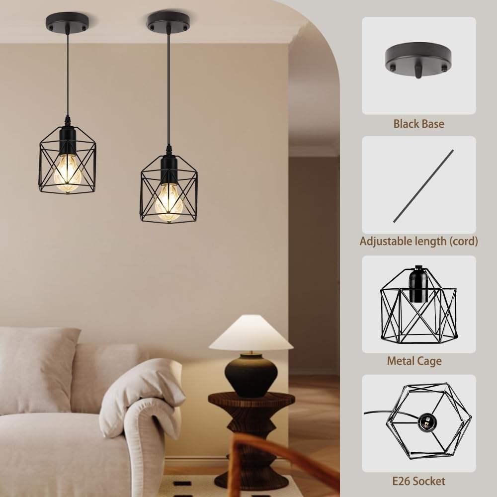US Stock Minimalist Cage Pendant Lamp Black Metal Chandelier Adjustable Hanging Light Fixture for Restaurant Coffee Lighting